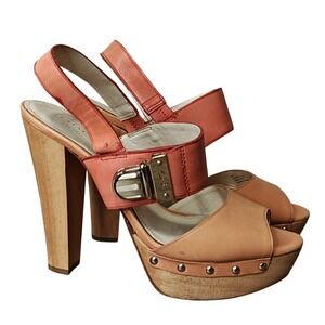 Coach Darcey Coral Tan Leather Wooden Platform Studded Buckle Sandals 7B